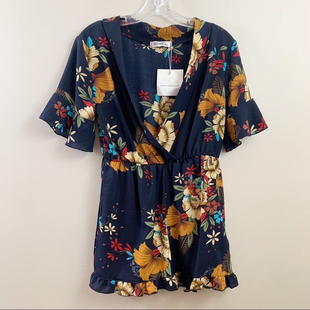 Gumuxi By Zaful Floral V-Neck Faux Wrap Ruffle Black Romper